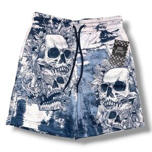 Rebel Vengeance Mesh Shorts Mens Medium Blue White Skull Floral Graphic Goth AOP